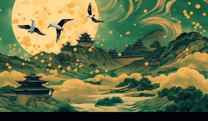 崇山峻岭里古典古代建筑楼阁和鸟群插画,插画/手绘图,插画/手绘图库,插画/手绘图下载,插画/手绘